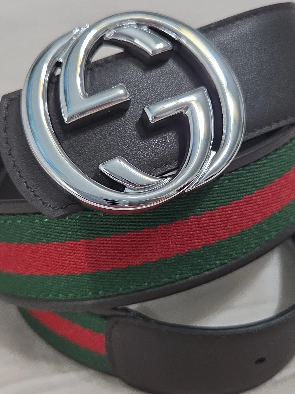 Gucci Green Red Reversible Belt with Silver Double G Buckle